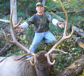 Hunter poses with bull elk harvested in the Selway Bitterroot Wilderness with York Outfitters