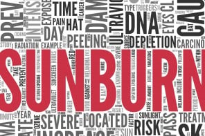 SUNBURN Concept in Word Tag Cloud Design, Close up Red SUNBURN Text at the Center of Word Tag Cloud on White Background.