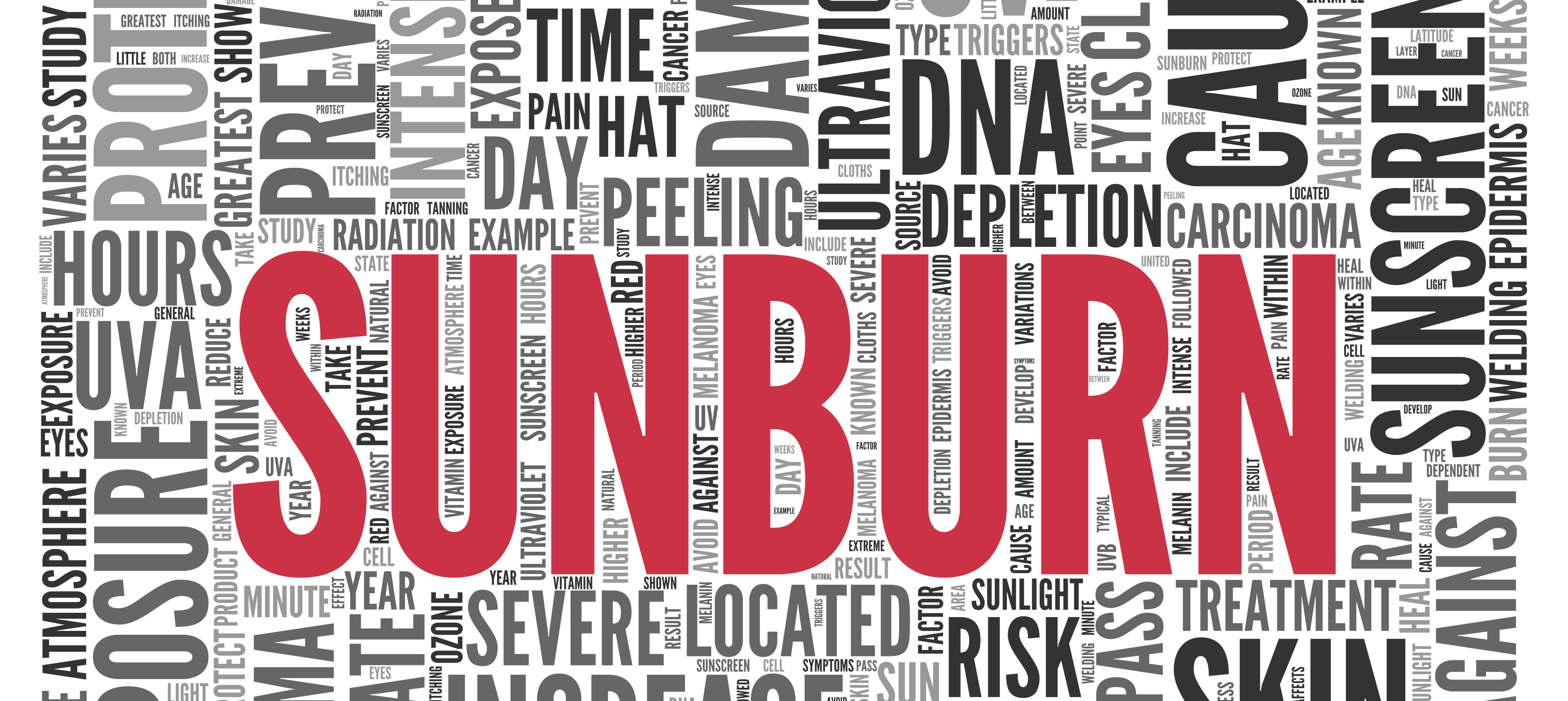 SUNBURN Concept in Word Tag Cloud Design, Close up Red SUNBURN Text at the Center of Word Tag Cloud on White Background.