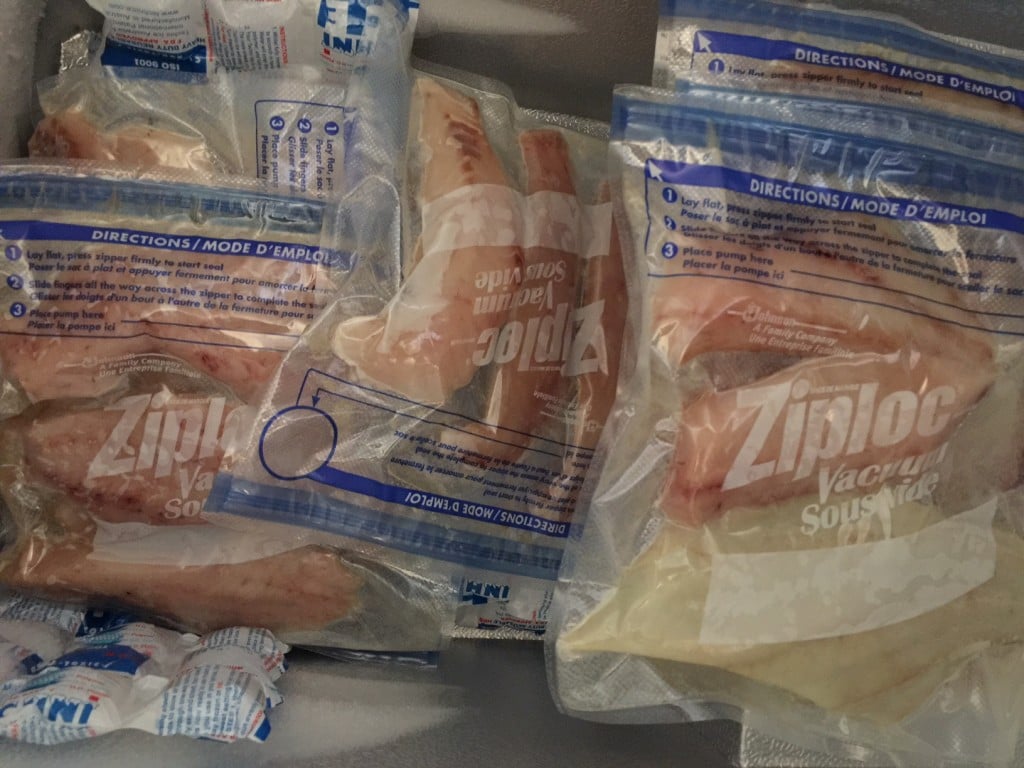 Fish vacuum packed and frozen in a chest freezer at subzero temperatures.