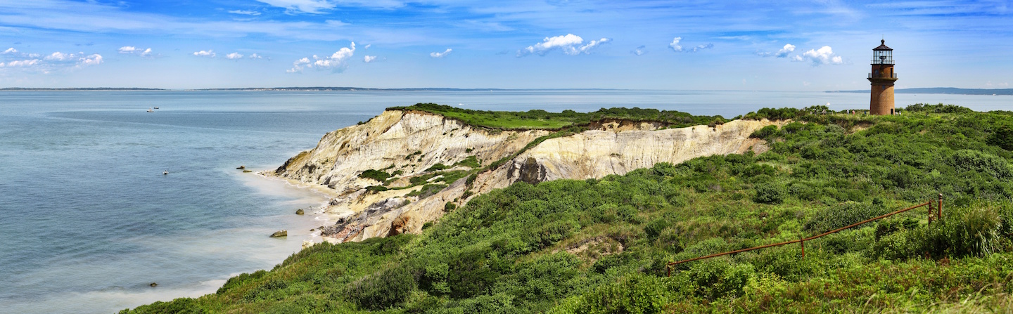 Panorama of a Gay Head lighthouse on a cliff in Aquinnah, Marthas Vineyard fishing